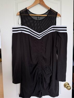 Love & Legend Black Mesh Top with Black and White Chevron Accent on Shoulder